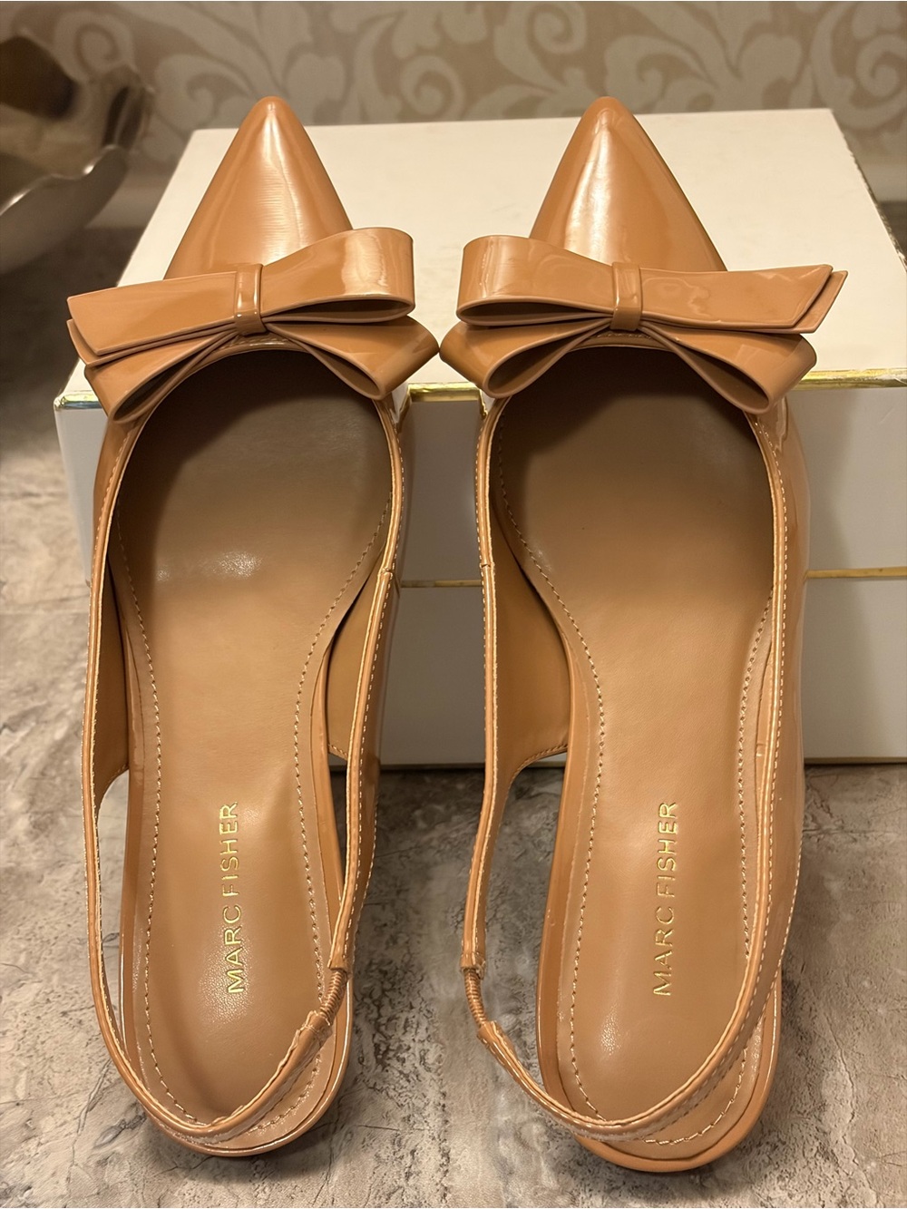 Marc Fisher Tan Patent Pointed Slingback Flats with Bow - Picture 3 of 9